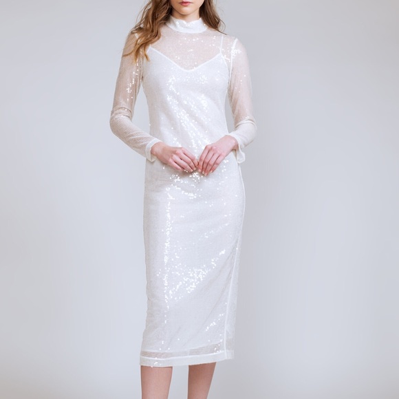 STAUD Dresses & Skirts - NWT STAUD Liza Sequin Mock neck Midi White Dress size 6
